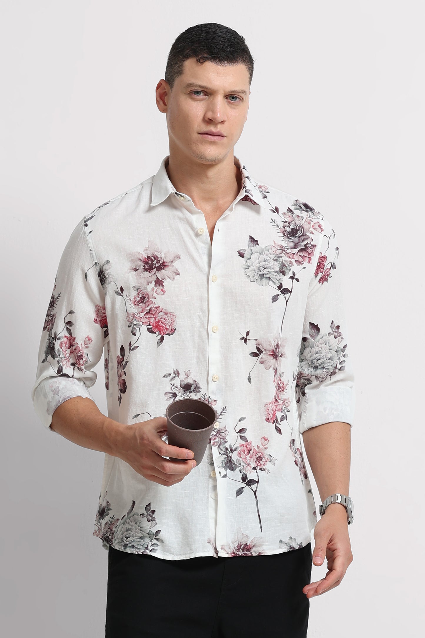 Cotton Linen Digital Printed Shirt White Wine