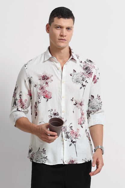 Cotton Linen Digital Printed Shirt White Wine