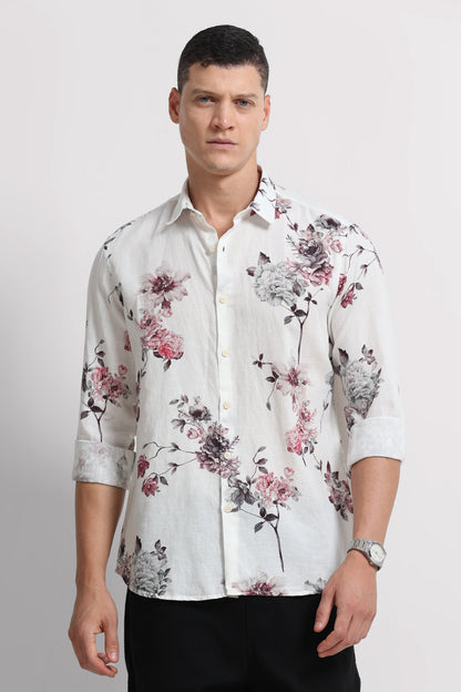 Cotton Linen Digital Printed Shirt White Wine