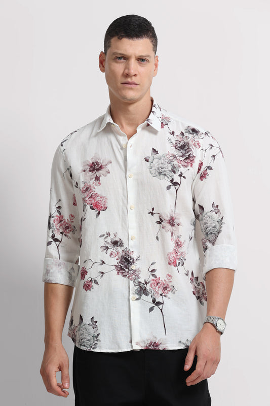 Cotton Linen Digital Printed Shirt White Wine