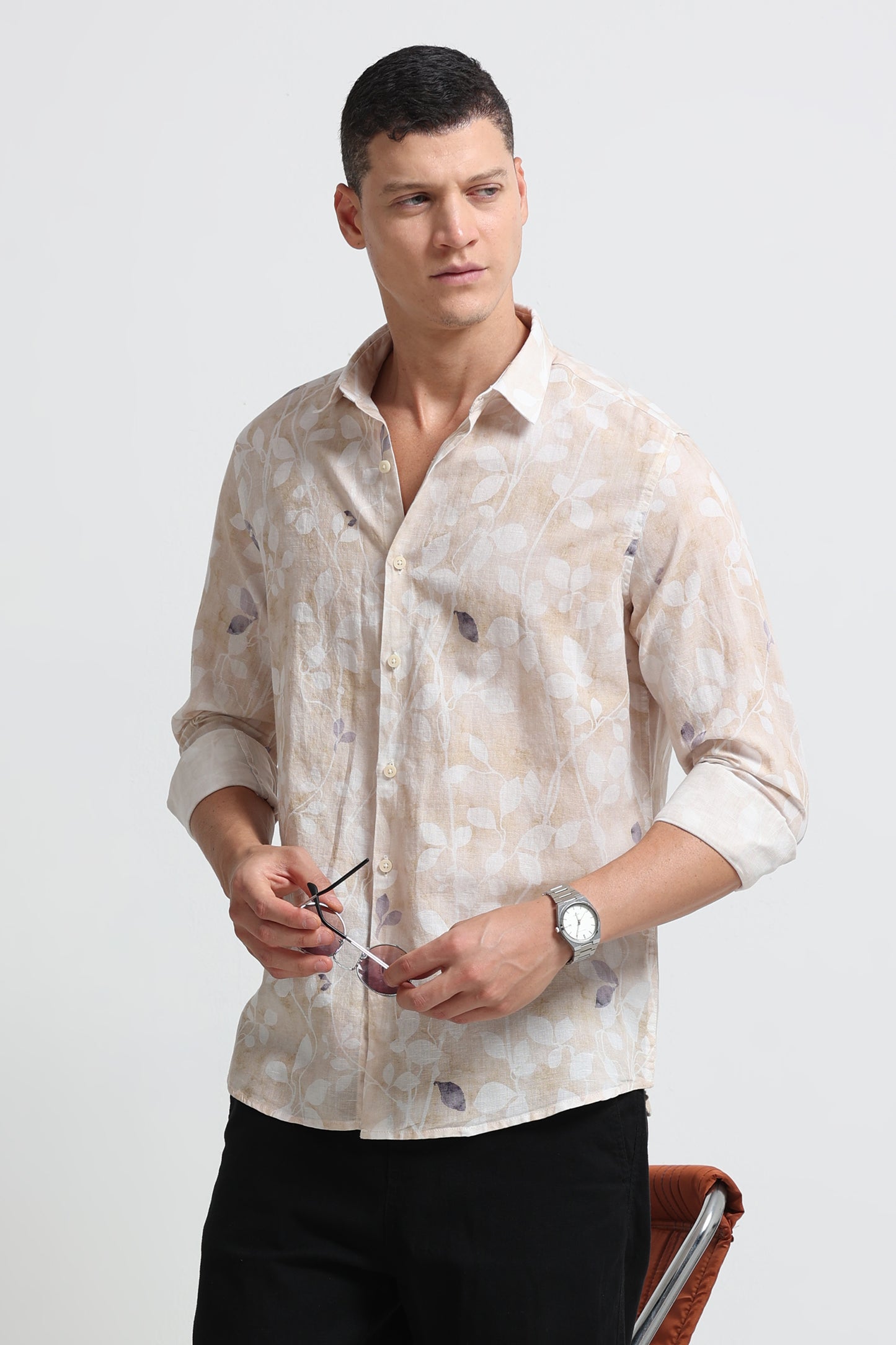 Cotton Linen Digital Printed Shirt Cream White