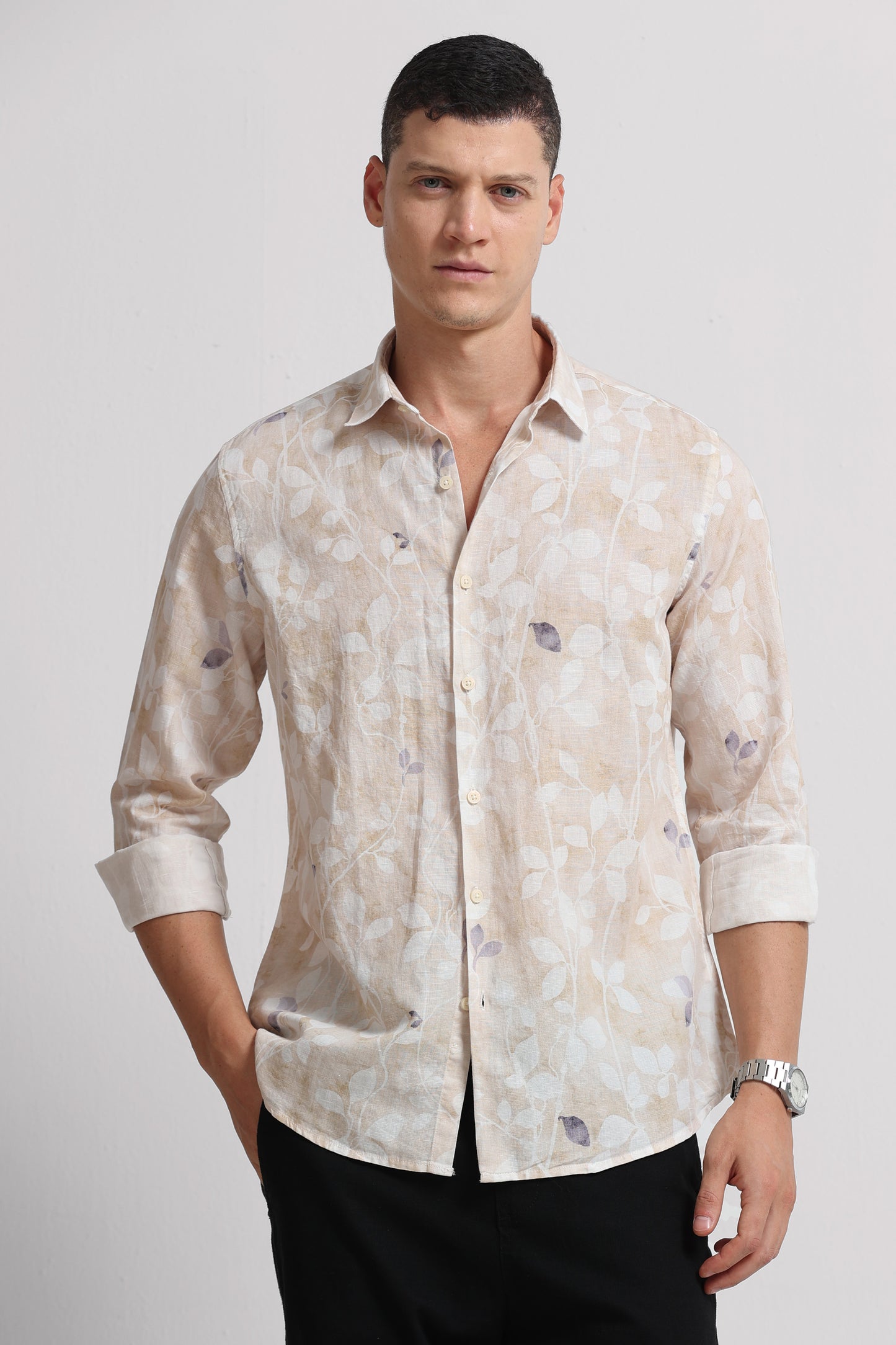 Cotton Linen Digital Printed Shirt Cream White