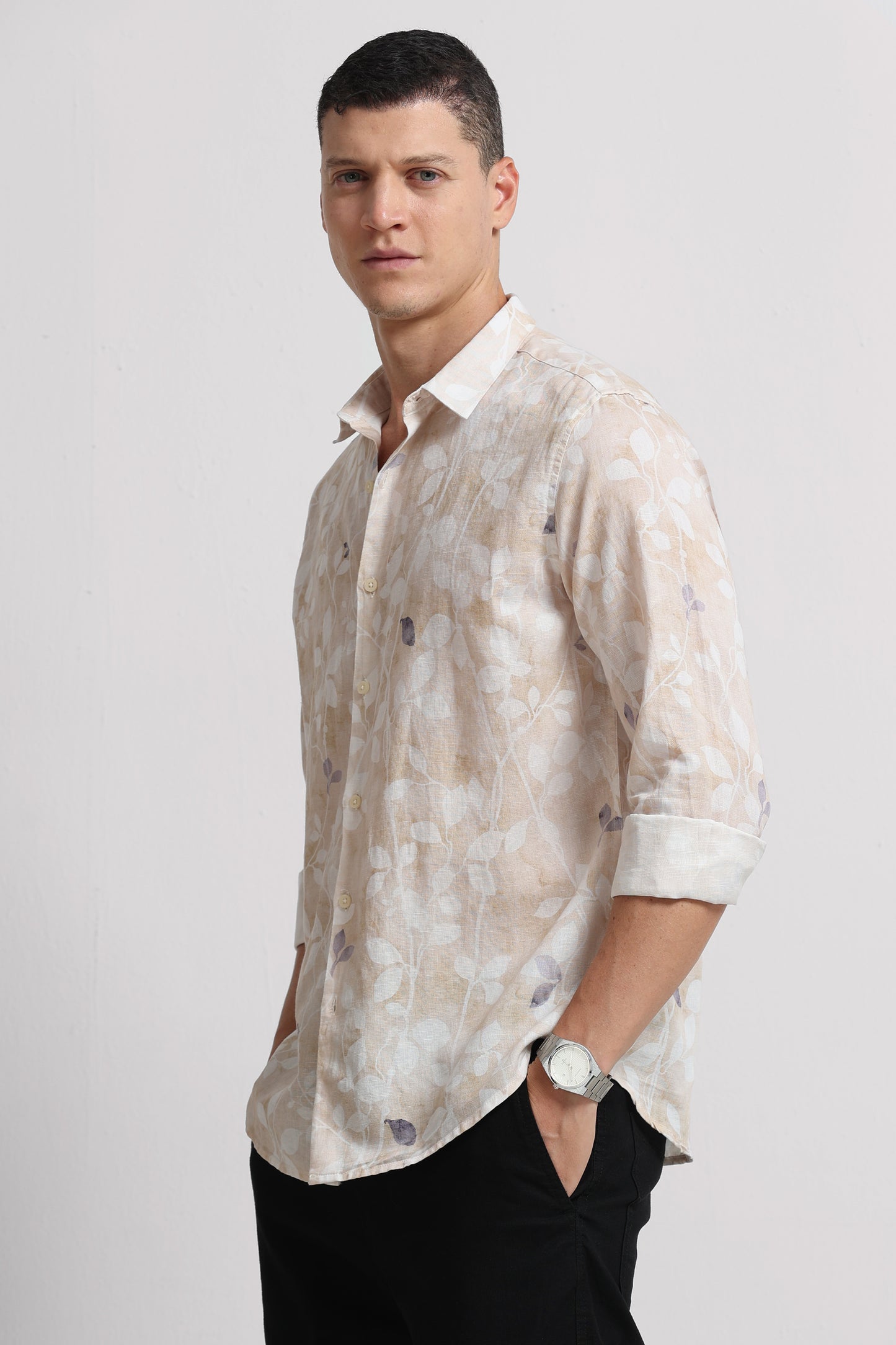 Cotton Linen Digital Printed Shirt Cream White