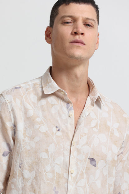 Cotton Linen Digital Printed Shirt Cream White