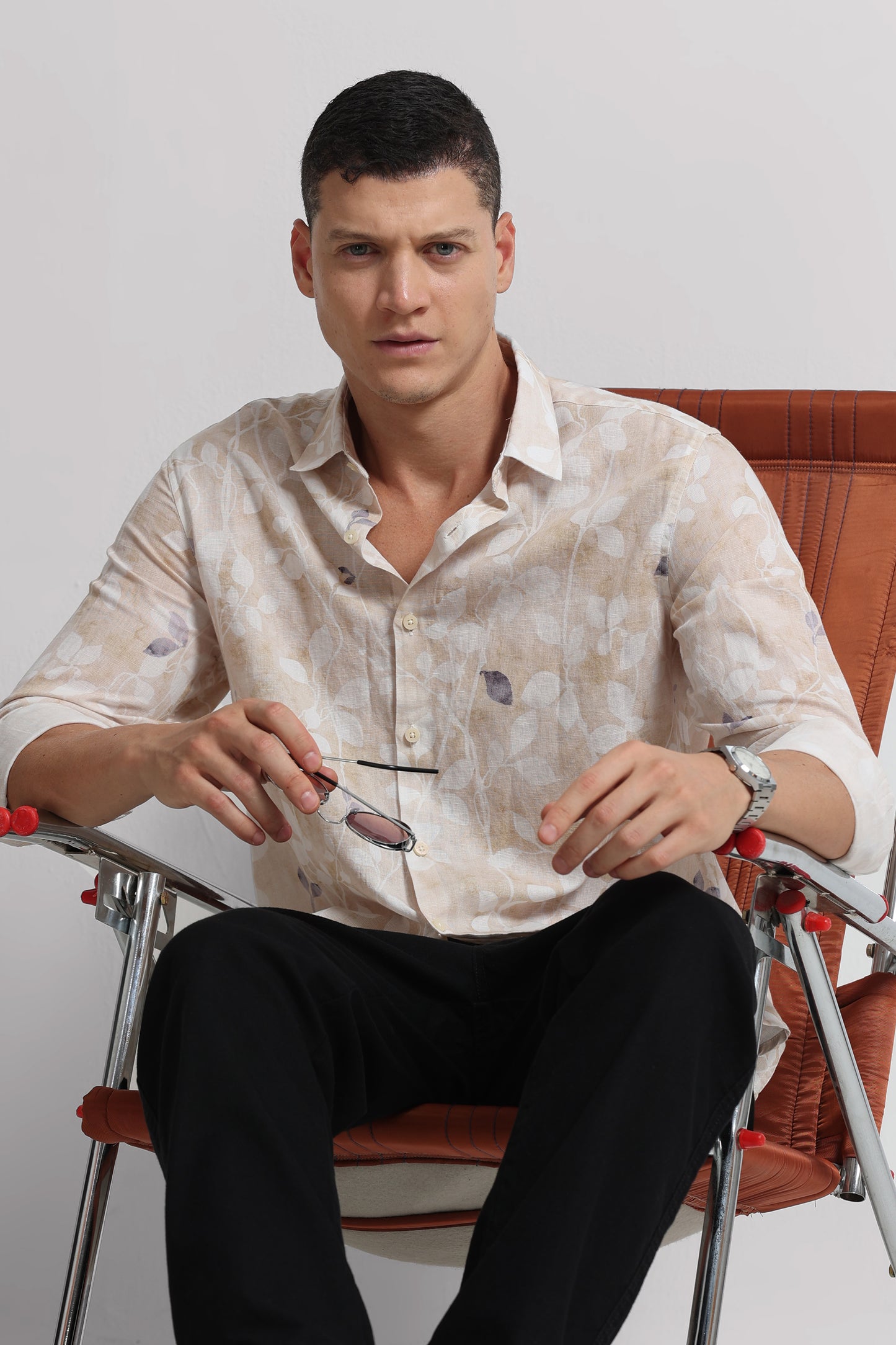 Cotton Linen Digital Printed Shirt Cream White