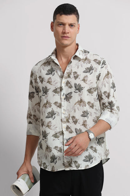 Cotton Linen Digital Printed Shirt Olive White