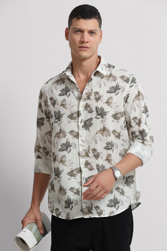 Cotton Linen Digital Printed Shirt Olive White