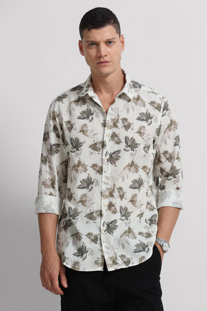 Cotton Linen Digital Printed Shirt Olive White