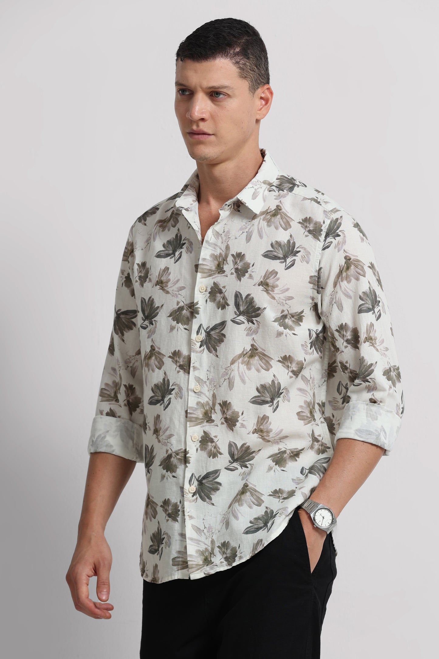 Cotton Linen Digital Printed Shirt Olive White