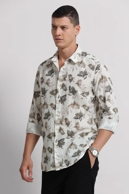 Cotton Linen Digital Printed Shirt Olive White