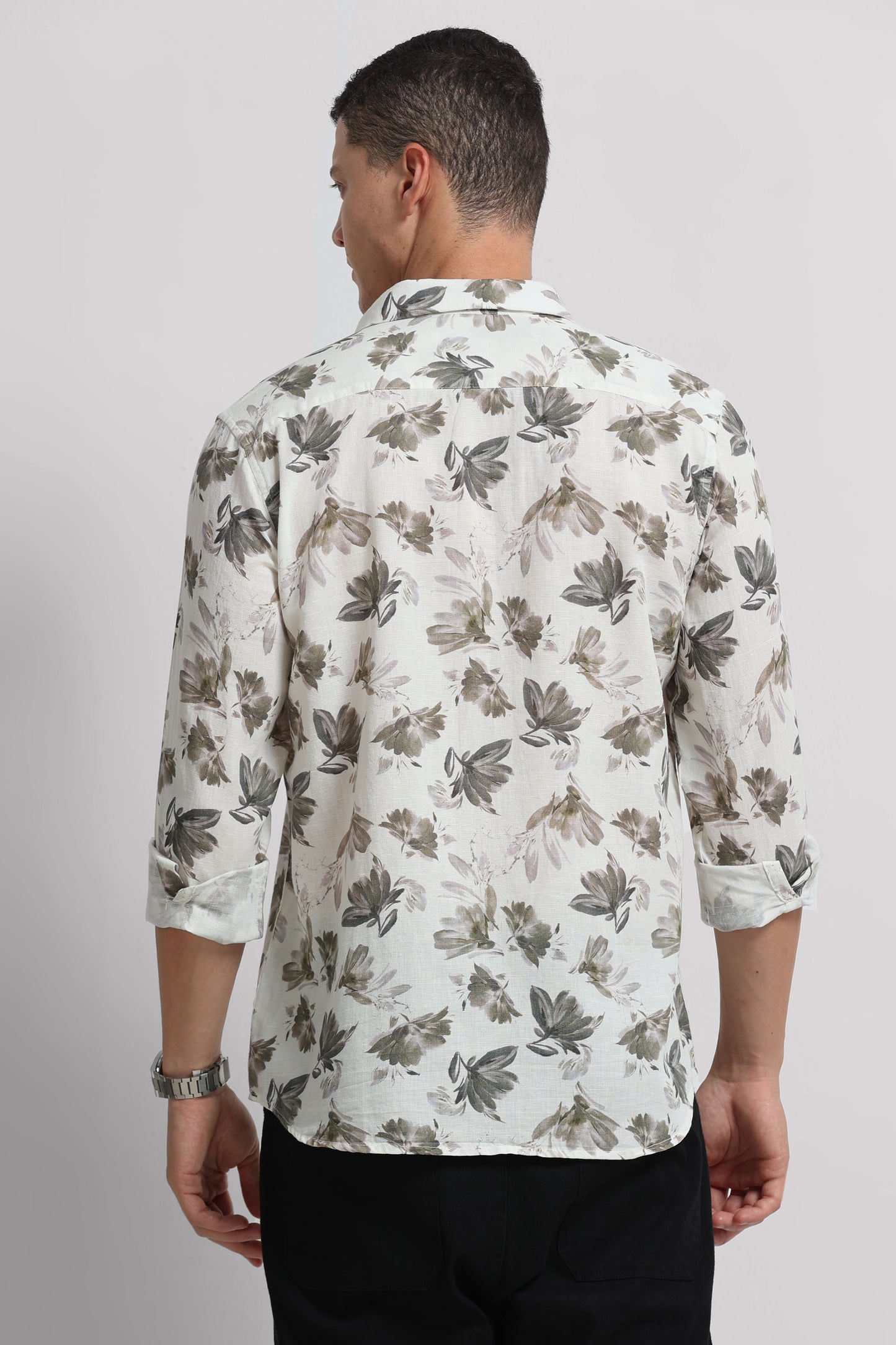 Cotton Linen Digital Printed Shirt Olive White