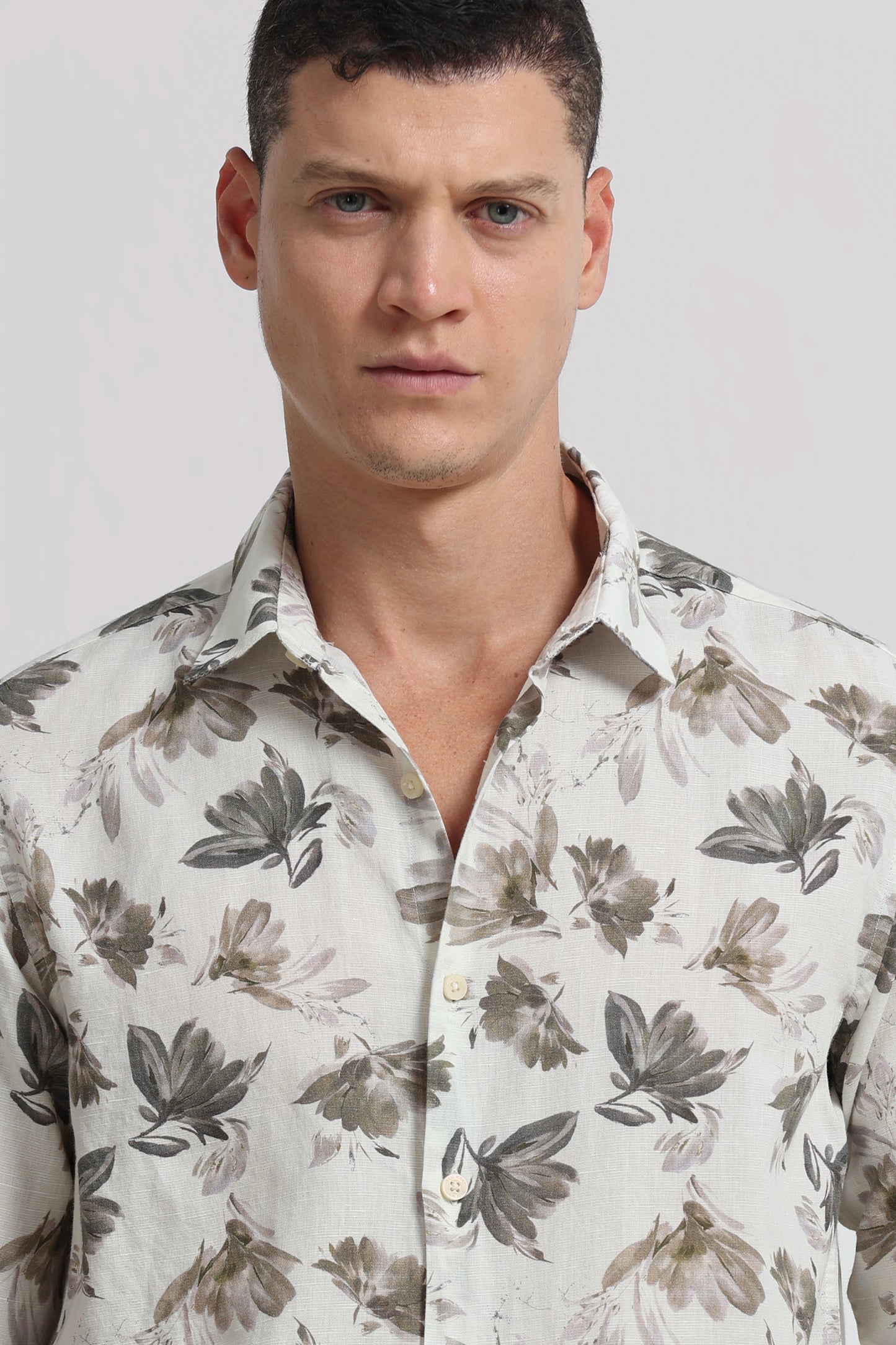 Cotton Linen Digital Printed Shirt Olive White