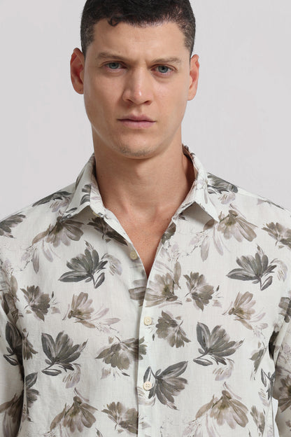 Cotton Linen Digital Printed Shirt Olive White