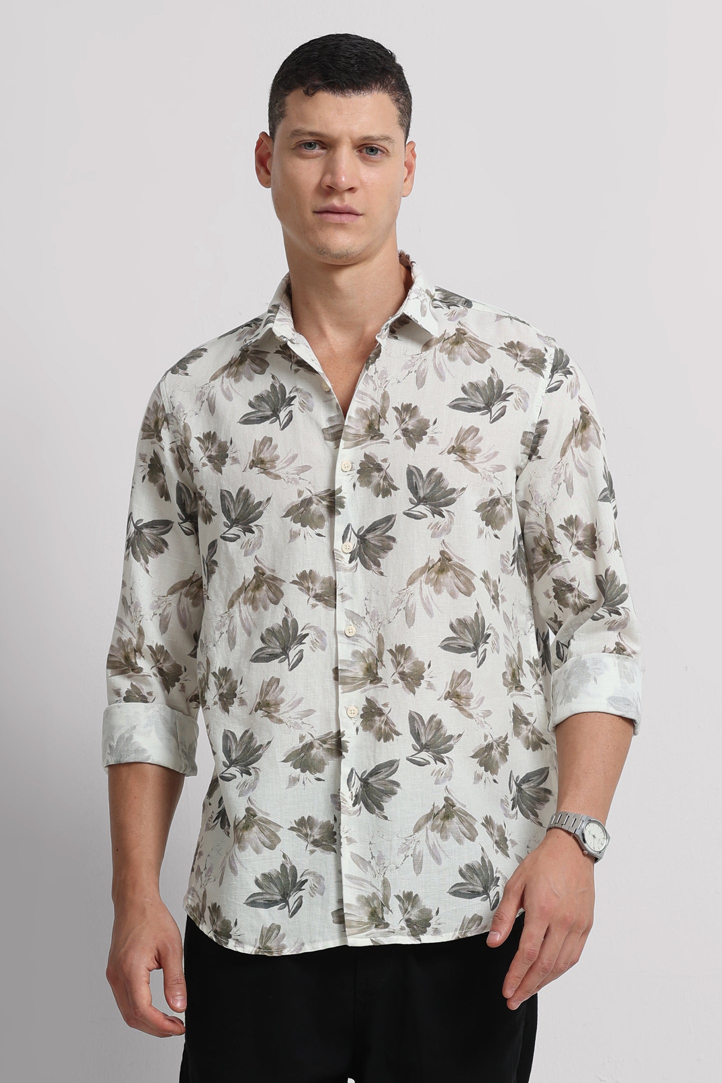 Cotton Linen Digital Printed Shirt Olive White