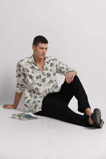 Cotton Linen Digital Printed Shirt Olive White