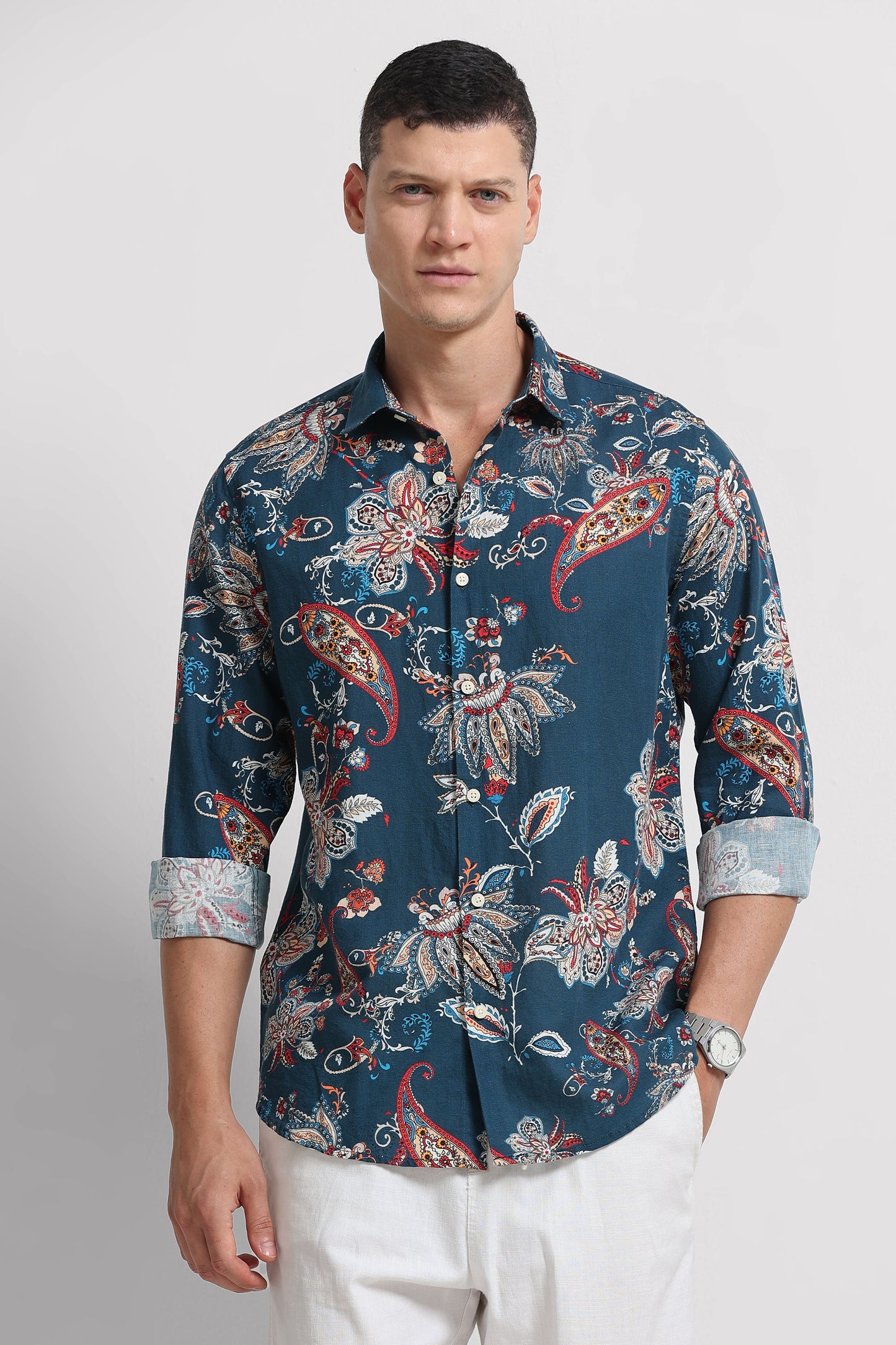 Cotton Linen Digital Printed Shirt Rama Blue