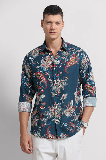 Cotton Linen Digital Printed Shirt Rama Blue