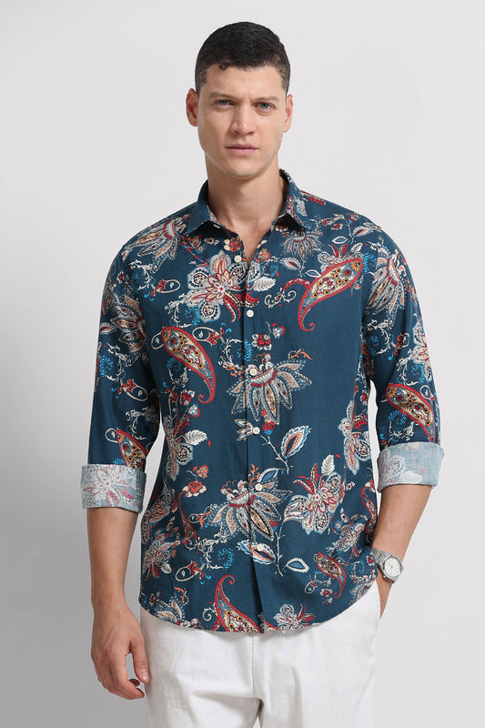 Cotton Linen Digital Printed Shirt Rama Blue