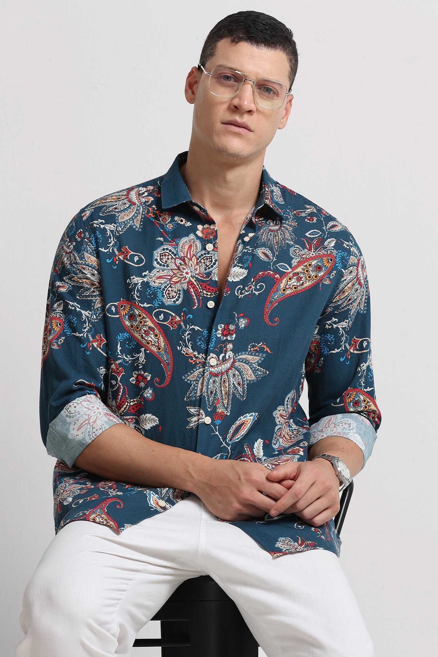 Cotton Linen Digital Printed Shirt Rama Blue