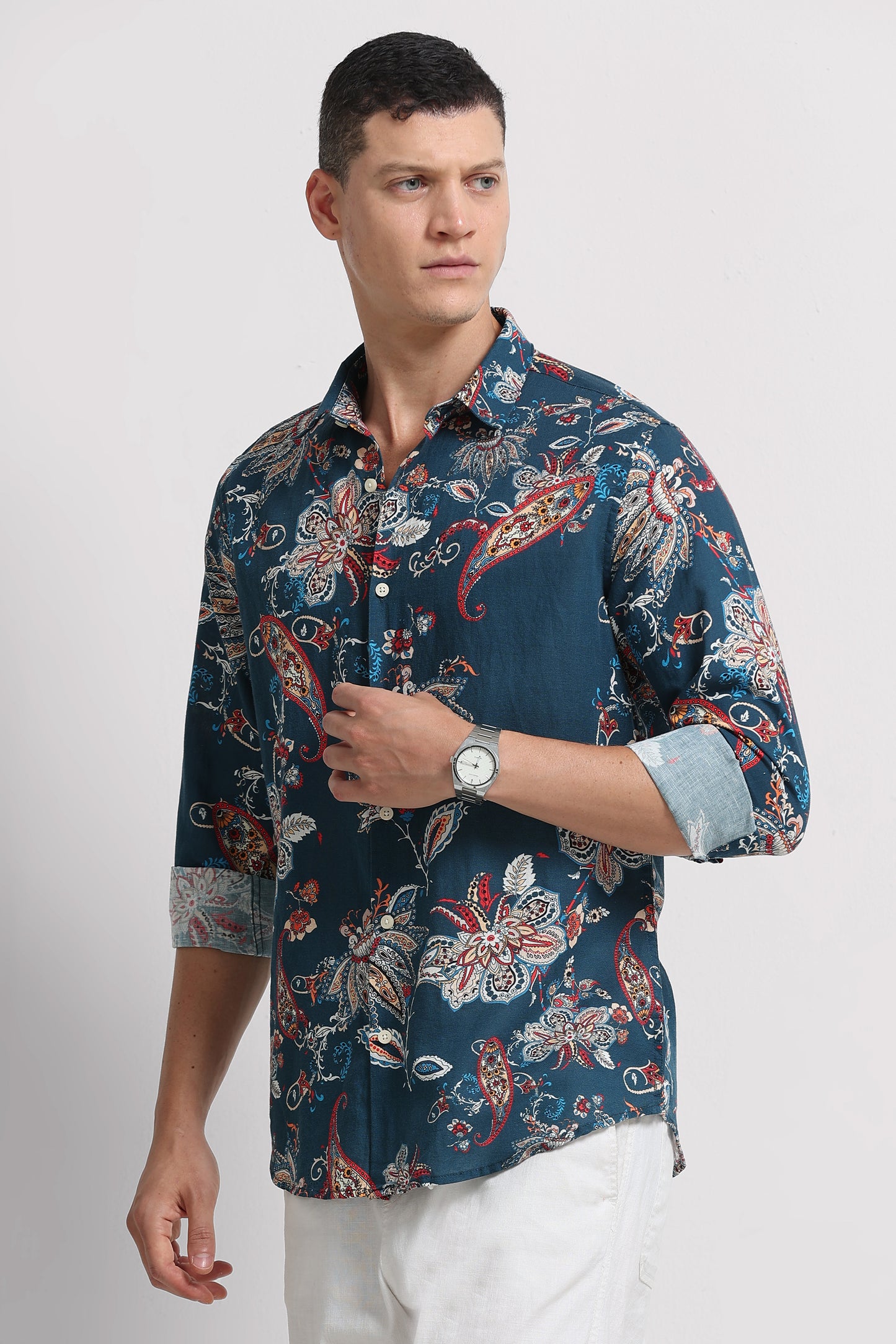 Cotton Linen Digital Printed Shirt Rama Blue