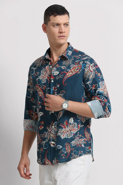 Cotton Linen Digital Printed Shirt Rama Blue