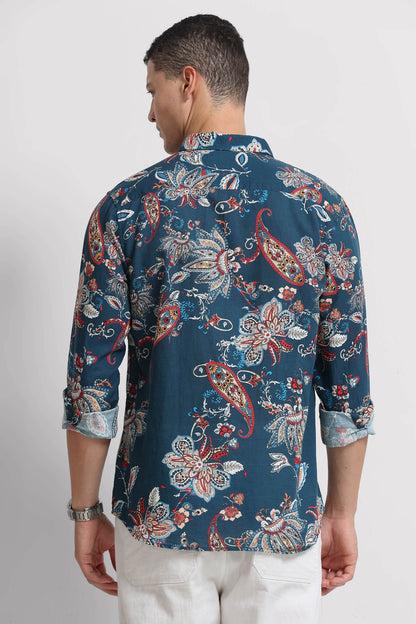 Cotton Linen Digital Printed Shirt Rama Blue