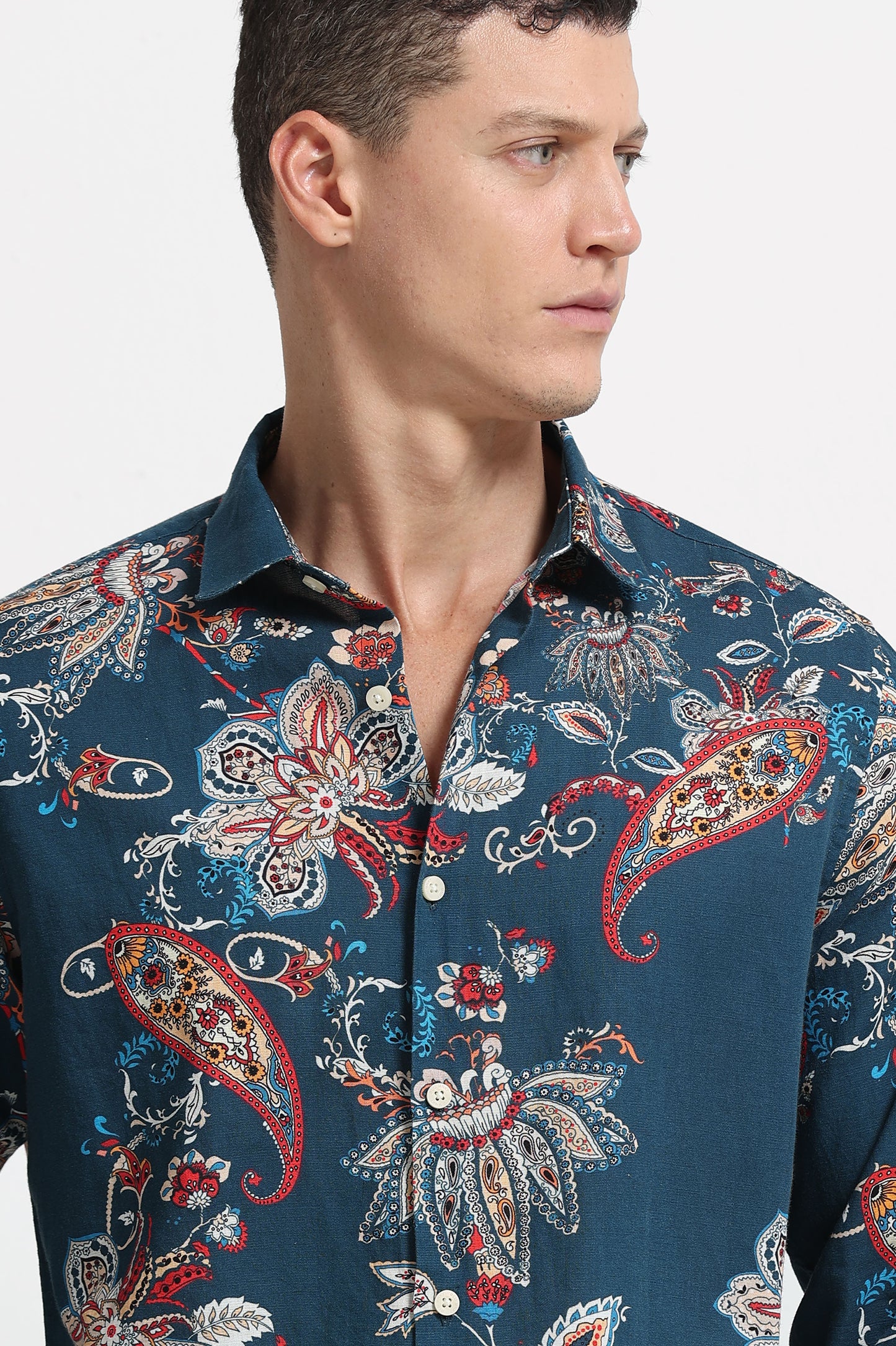 Cotton Linen Digital Printed Shirt Rama Blue