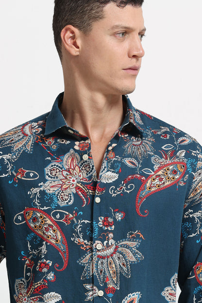 Cotton Linen Digital Printed Shirt Rama Blue