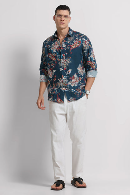 Cotton Linen Digital Printed Shirt Rama Blue