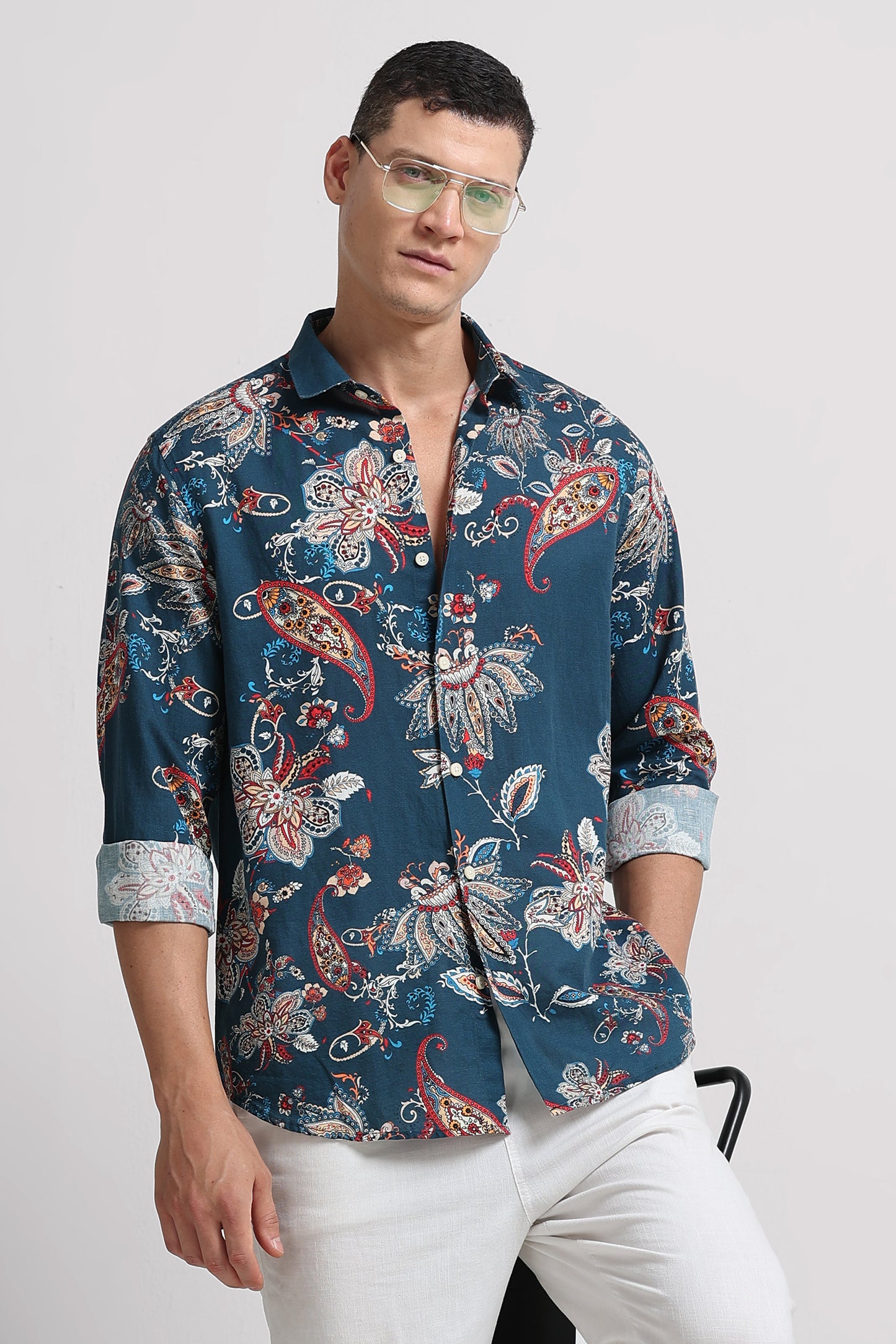 Cotton Linen Digital Printed Shirt Rama Blue