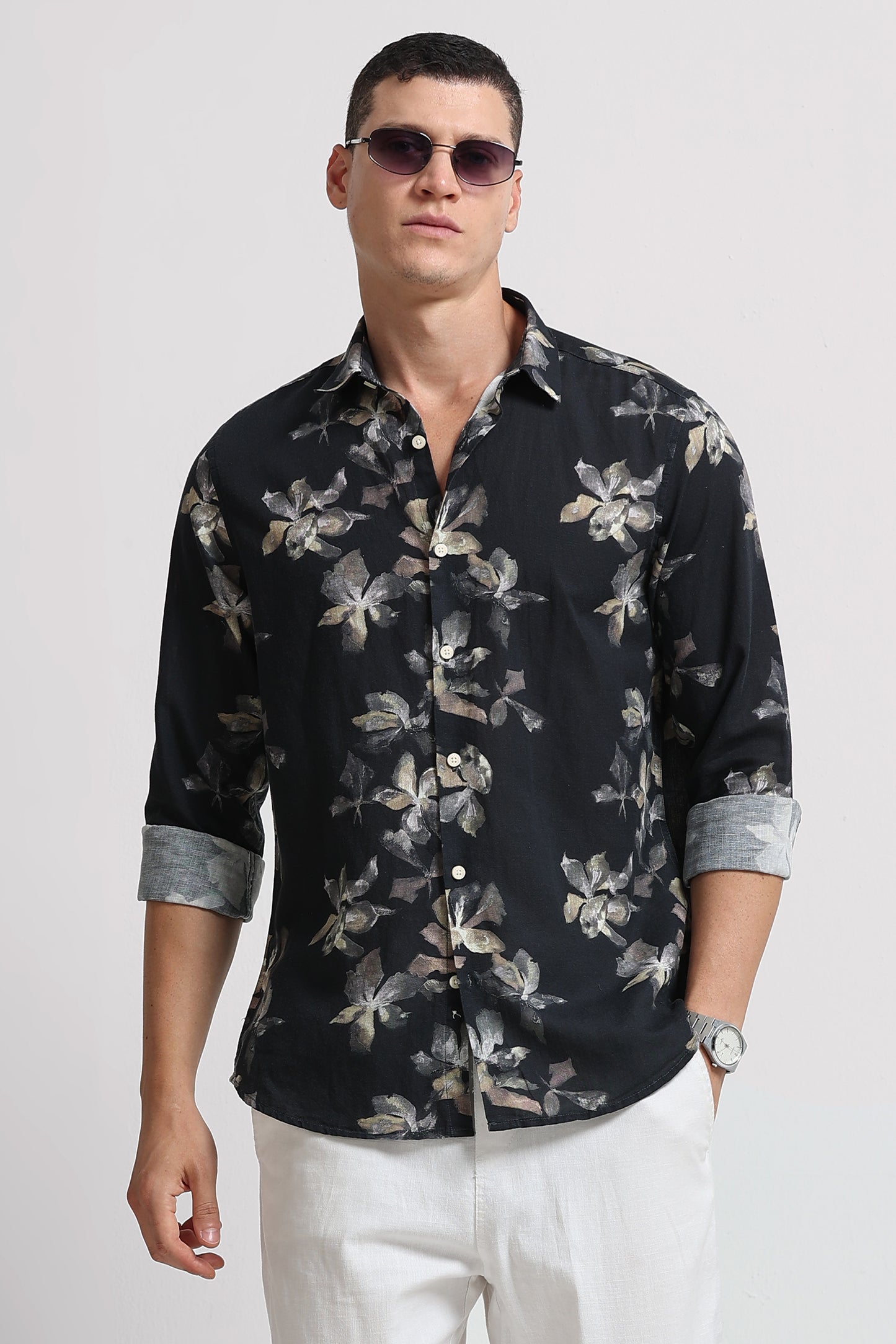 Cotton Linen Digital Printed Shirt Black Olive
