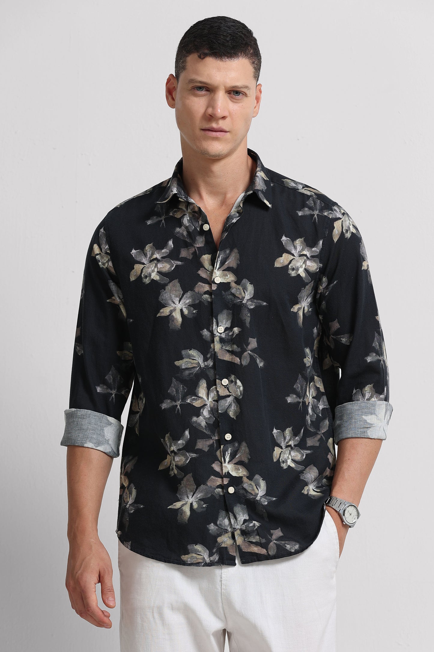 Cotton Linen Digital Printed Shirt Black Olive