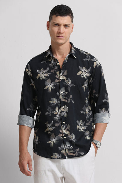 Cotton Linen Digital Printed Shirt Black Olive