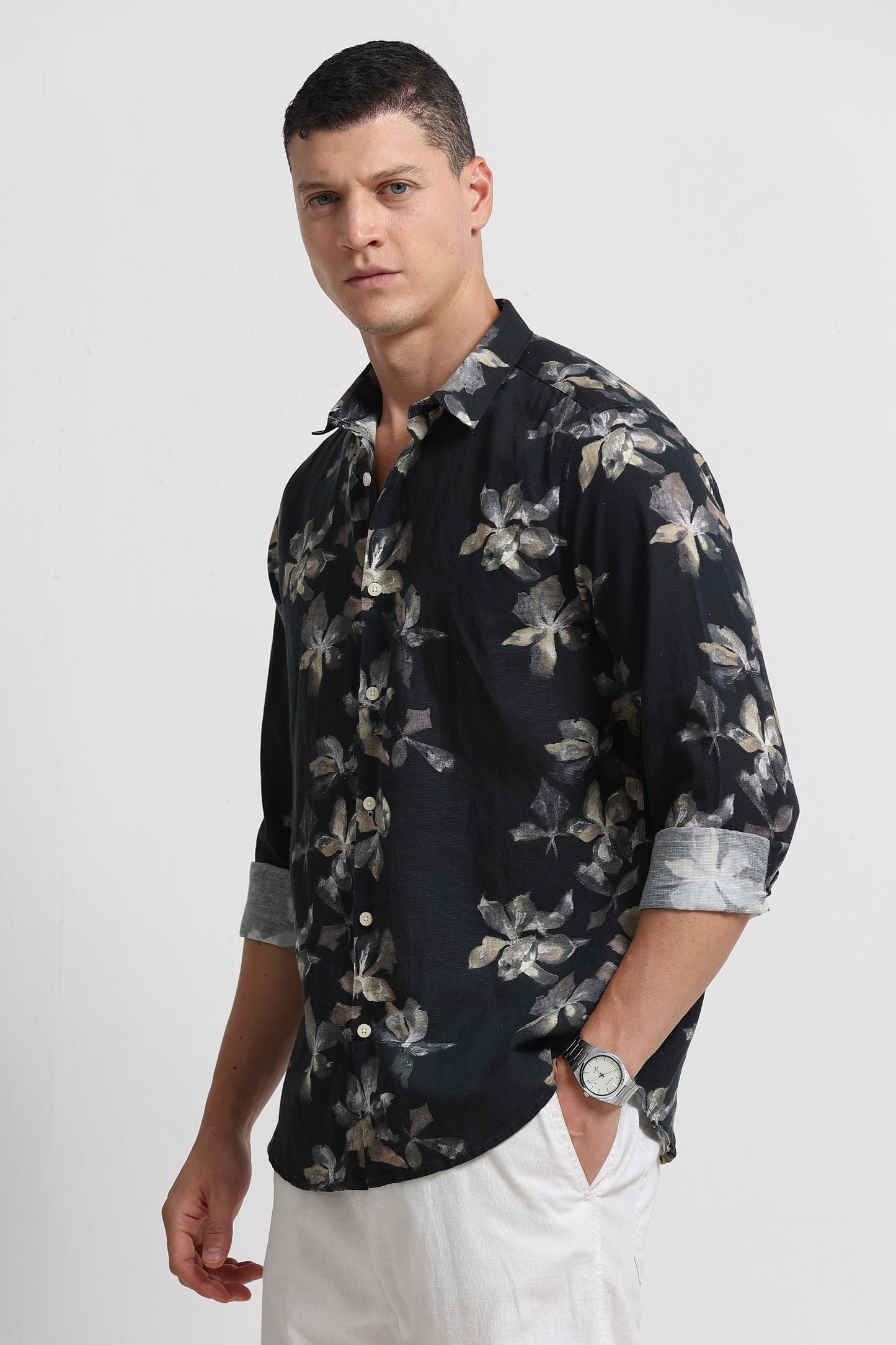 Cotton Linen Digital Printed Shirt Black Olive