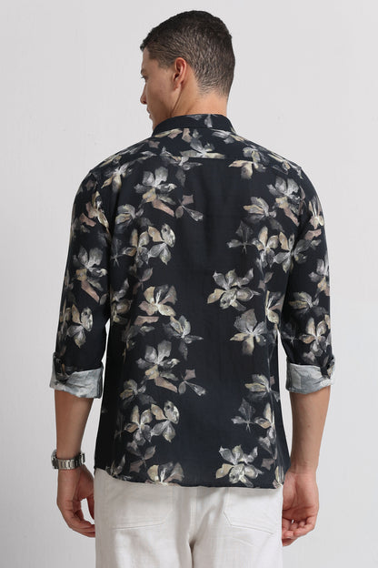 Cotton Linen Digital Printed Shirt Black Olive