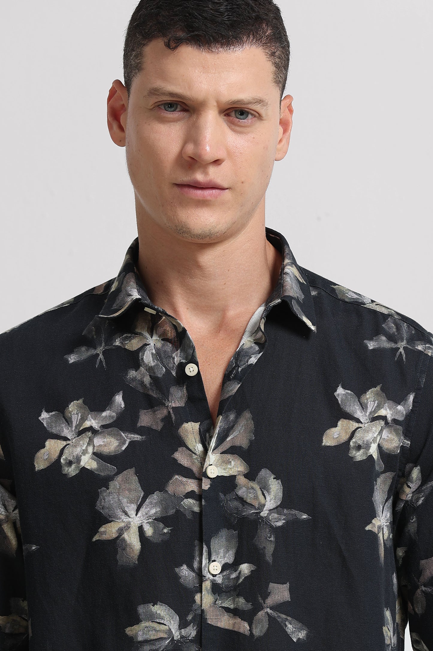 Cotton Linen Digital Printed Shirt Black Olive