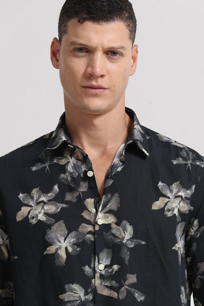 Cotton Linen Digital Printed Shirt Black Olive