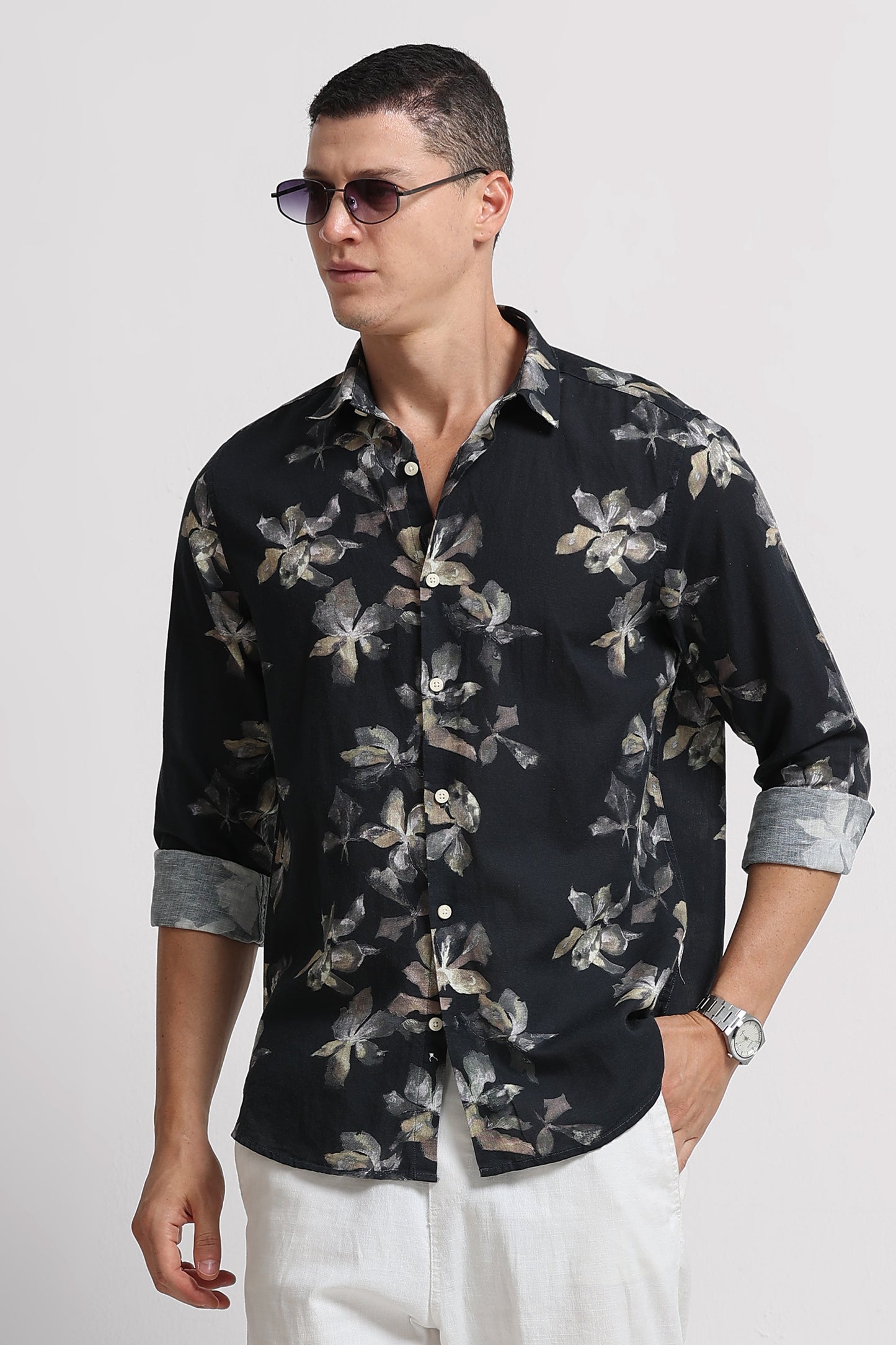 Cotton Linen Digital Printed Shirt Black Olive