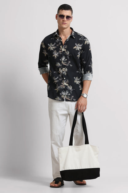 Cotton Linen Digital Printed Shirt Black Olive