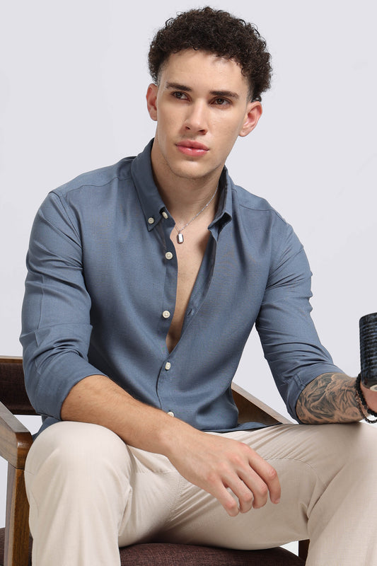 Viscose Linen Slim Fit Shirt Blue