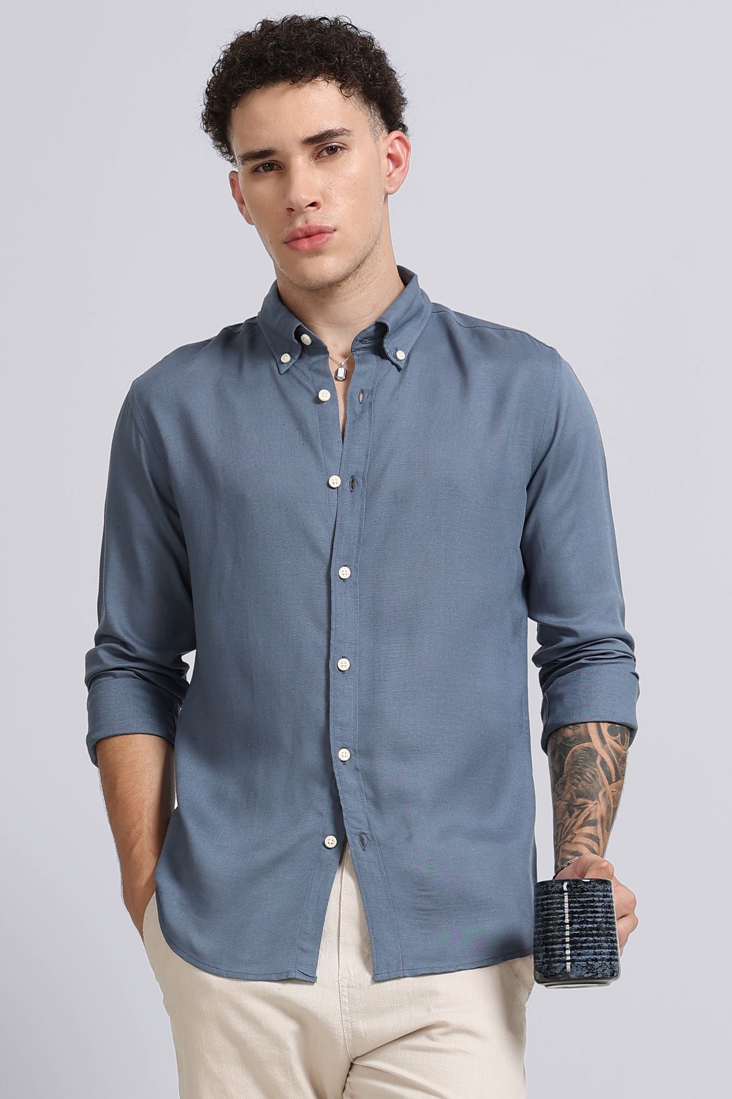 Viscose Linen Slim Fit Shirt Blue
