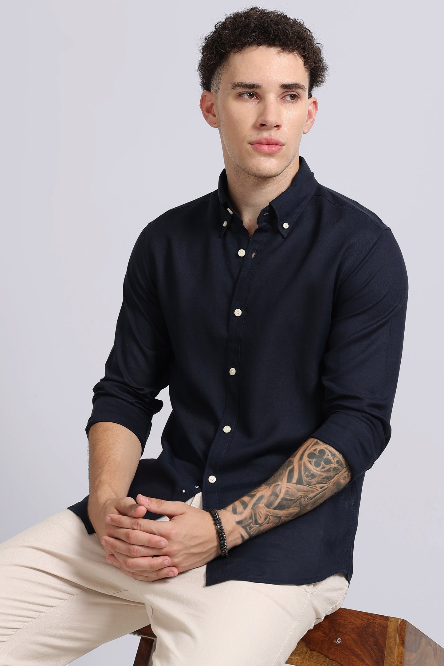 Viscose Linen Slim Fit Shirt Navy