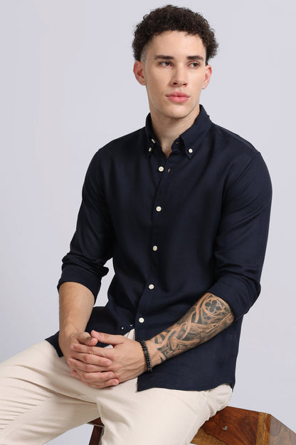 Viscose Linen Slim Fit Shirt Navy