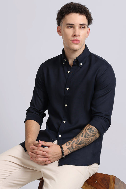 Viscose Linen Slim Fit Shirt Navy