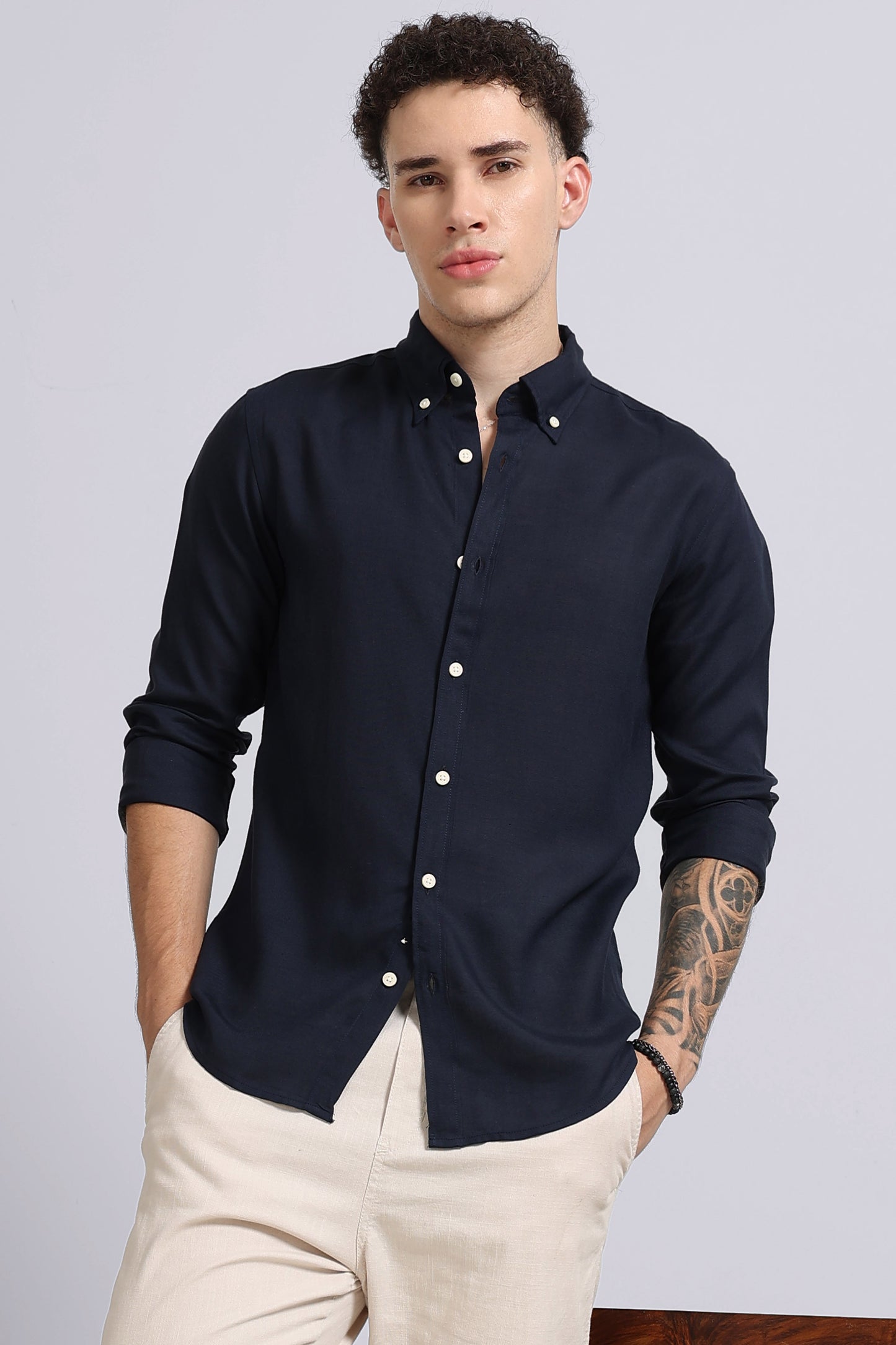 Viscose Linen Slim Fit Shirt Navy
