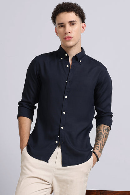 Viscose Linen Slim Fit Shirt Navy
