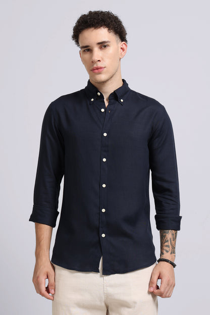 Viscose Linen Slim Fit Shirt Navy