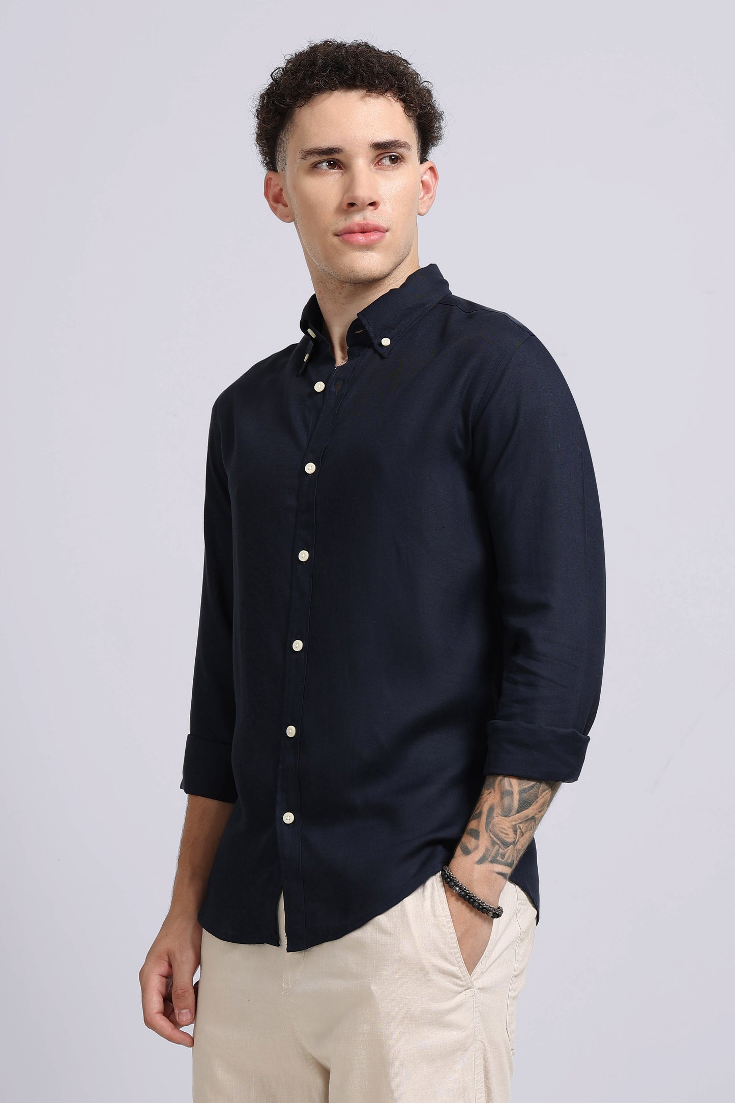 Viscose Linen Slim Fit Shirt Navy