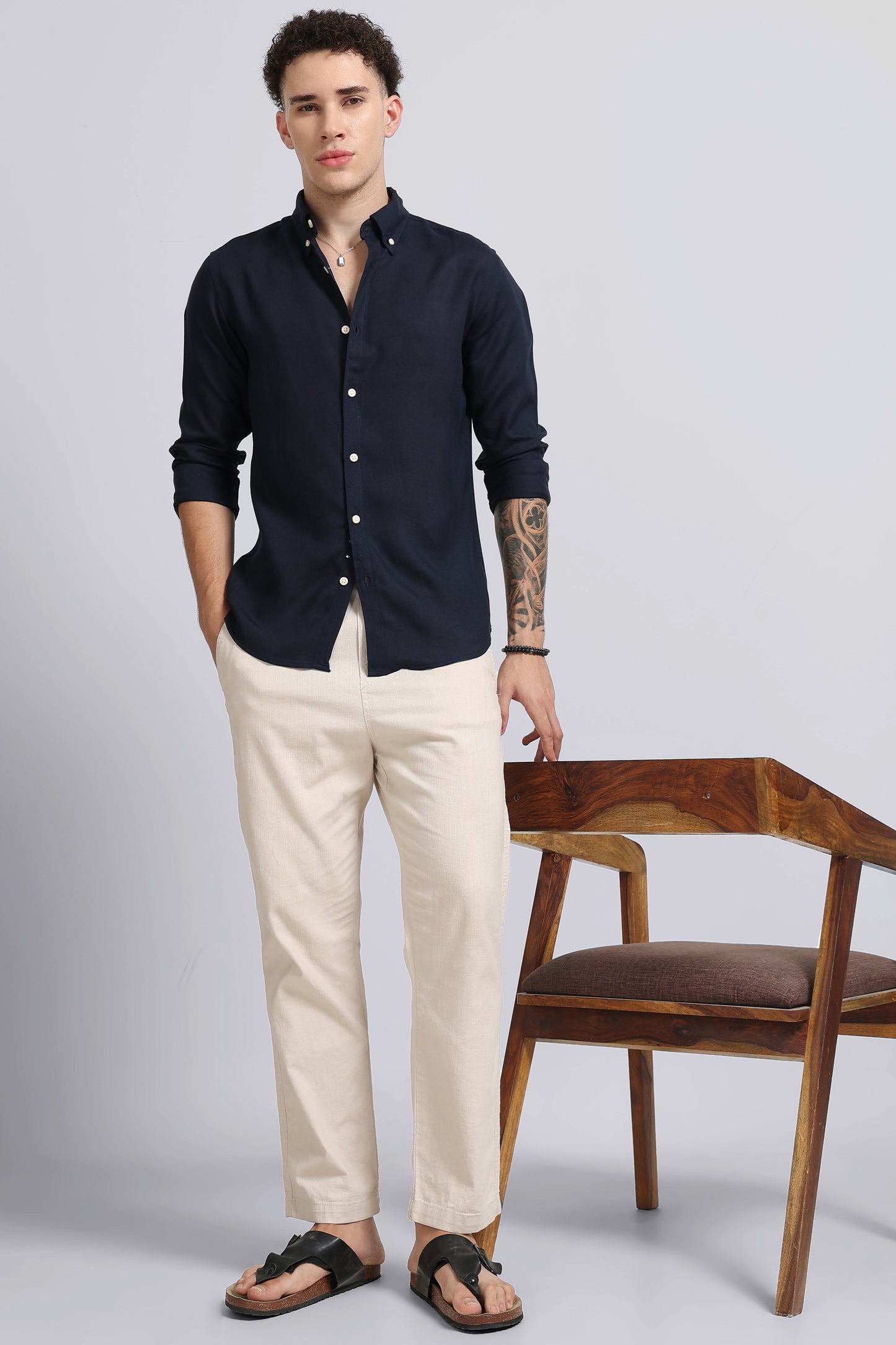 Viscose Linen Slim Fit Shirt Navy