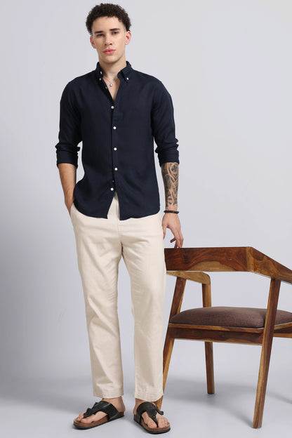 Viscose Linen Slim Fit Shirt Navy